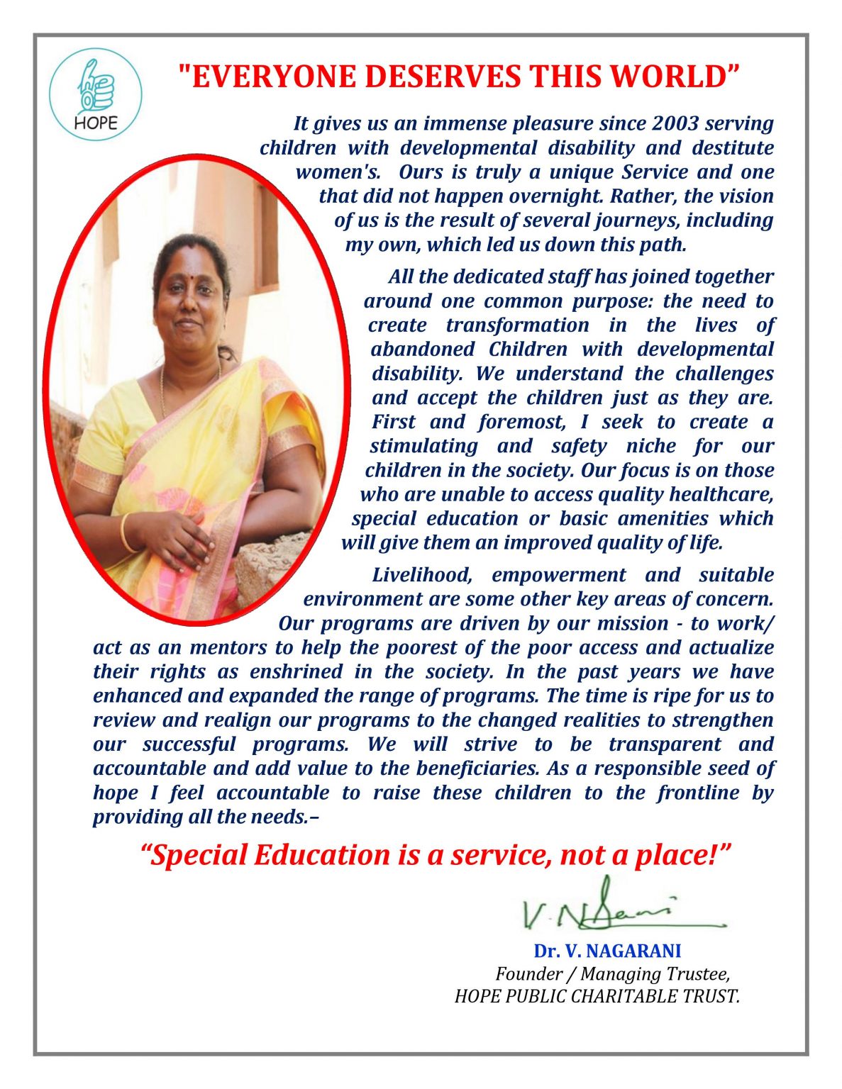 Everyone deserves this world - a message from Dr. V. Nagarani
