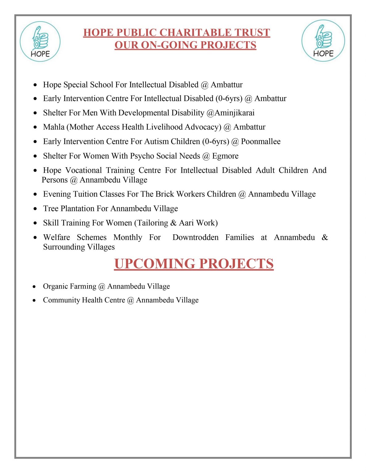 Hope Public Charitable Trust - Our On-Going Projects and Upcoming Projects