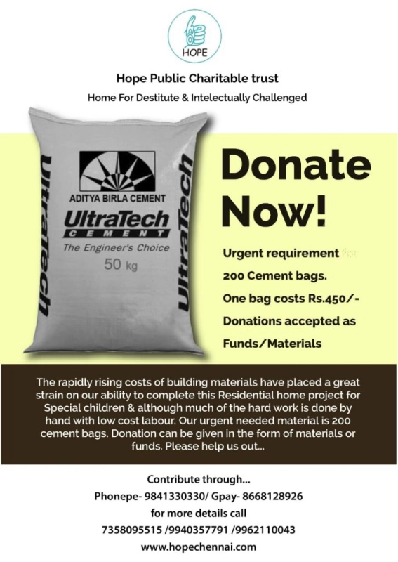 Donate Now — urgent requirement of 200 cement bags, one bag costs Rs.450